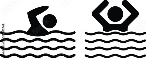Black and white swimming and diving icons in water