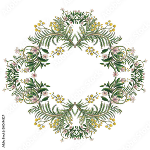 Motif floral fleurs de mimosa et feuillages