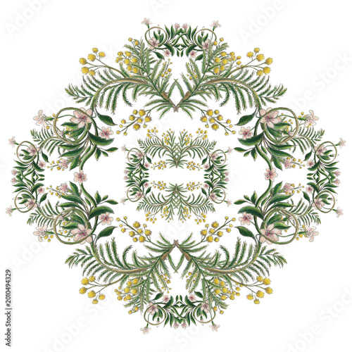 Motif floral fleurs de mimosa et feuillages