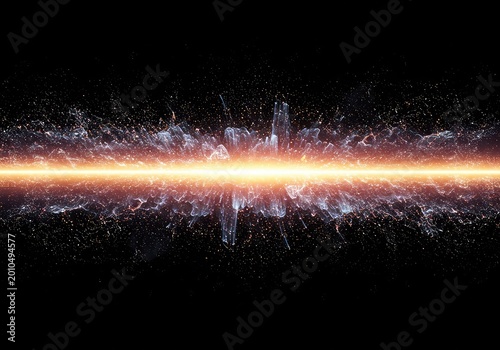Abstract visualization of quantum physics showing energetic particle flow and glowing light waves suitable for technological backdrops, subatomic, background, energy