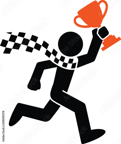 Black running figure holding trophy and checkered flag