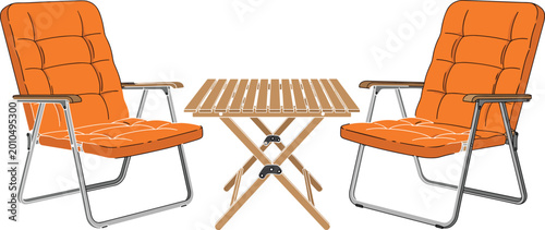: Outdoor camping furniture set with folding chairs and wooden table for garden picnic and patio design projects