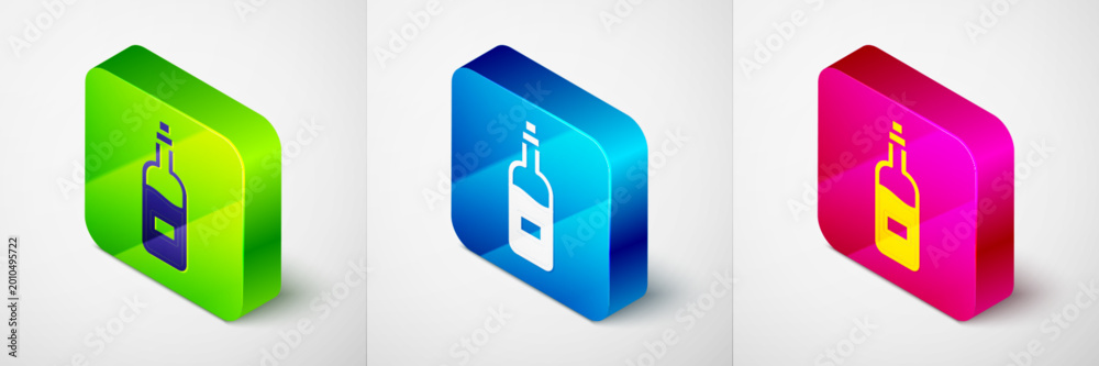 Obraz premium Isometric Bottle of wine icon isolated on grey background. Square button. Vector