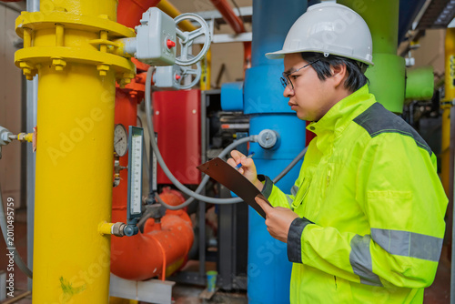 Maintenance technician at a heating plant,Petrochemical workers supervise the operation of gas and oil pipelines in the factory,Engineers put hearing protector At room with many pipes