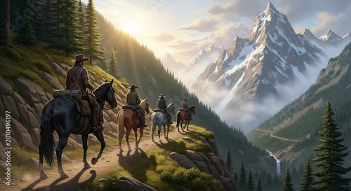 Horseback riders on a mountain trail at sunrise with majestic peaks.