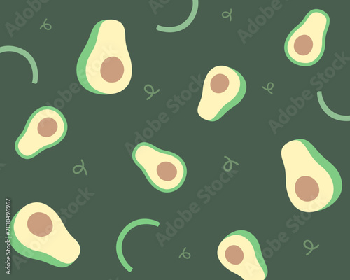 Avocado seamless pattern. Fresh avocado illustrations on dark green background. Healthy tropical food theme. Seamless vector pattern.