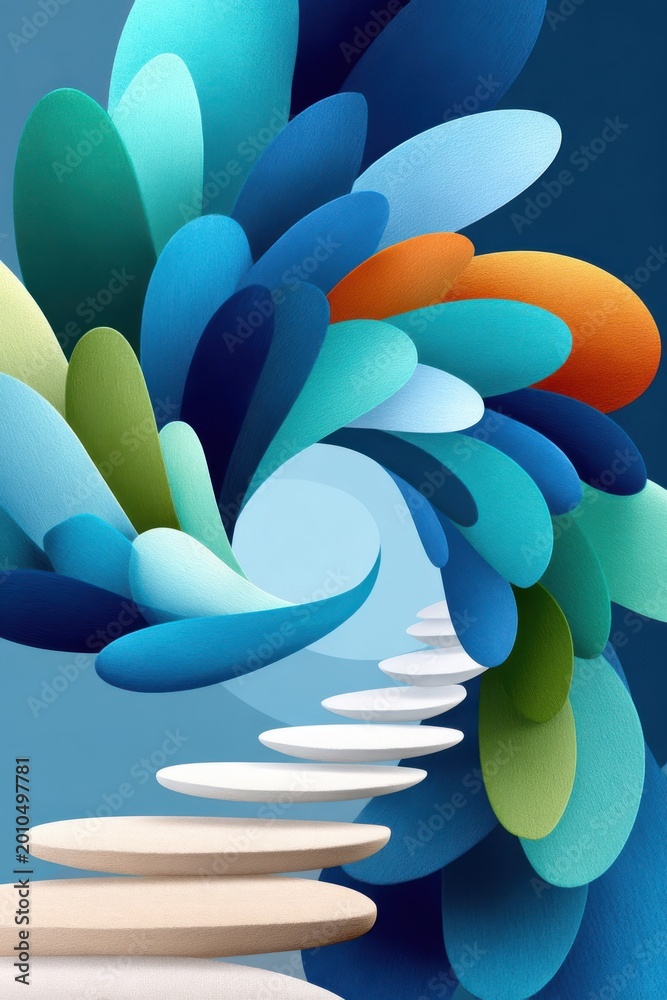 Fototapeta premium Abstract colorful spiral staircase of layered petal shapes forming floating steps and tunnel
