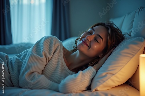 Woman Sleeping Comfortably in a Chilly Bedroom with Air Conditioning, Peacefully Smiling in her Cool and Cozy Setting.