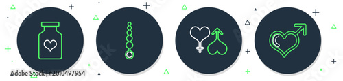 Photos Set line Anal beads, Male and female heart, Bottle with pills for potency and gender icon