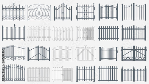 Fotografie Collection of various wrought iron gates and fences in silhouette metal security