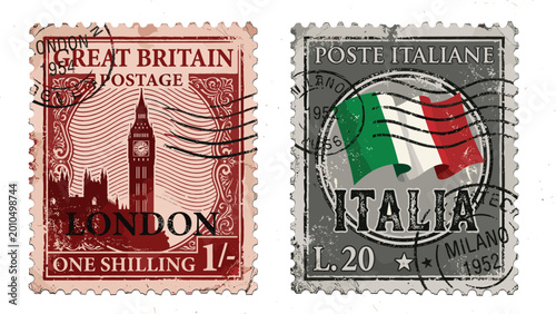 Fotografie Vintage Postage Stamps Featuring London and Italy Designs with Red and Green Fla