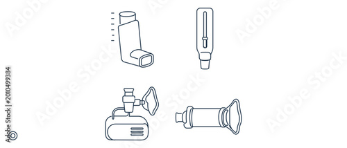 Comprehensive adult asthma care vector icon set including collection of 4 icons: pocket inhaler, peak flow meter, nebulizer machine, and spacer chamber for effective respiratory treatment design.