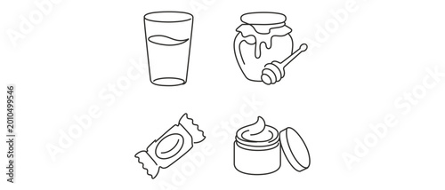 Collection of 4 icons for postviral cough recovery featuring glass of water, honey jar, cough drop wrapper, and vapor rub jar in a flat vector icon set design with editable stroke lines.