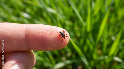 Close-up of a small tick biting human fingertip in green grass with natural sunlight highlighting danger of outdoor pests. Generated with AI