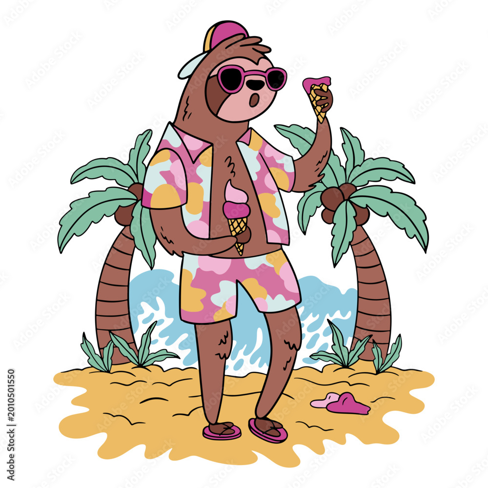 Naklejka premium Sloth wearing sunglasses and holding an ice cream