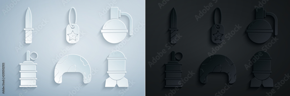 Fototapeta premium Set Military helmet, Hand grenade, Aviation bomb, dog tag and knife icon. Vector