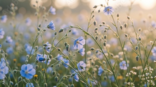 Blue flax flower blooming in sunny field. Wild plant growing in summer meadow at sunset. Natural botanical beauty and floral environment background for organic wellness concepts.