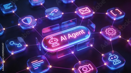 AI agentic workflow automation artificial intelligence agent software interface nodes triggers data tool dashboard coding icon flow process database technology 3d rendering