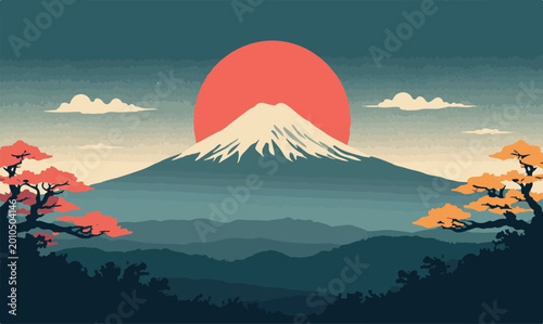 Bild auf Leinwand Traditional Japanese Landscape Illustration featuring Mount Fuji under a Radiant Red Sun with Vintage Ukiyo-e Style Scenic Mountains, Clouds, and Autumn Bonsai Trees for Wall Art Decor