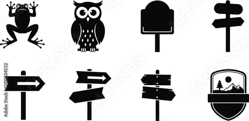 Frog, owl, and various signposts vector silhouette illustration of wildlife and directions.
