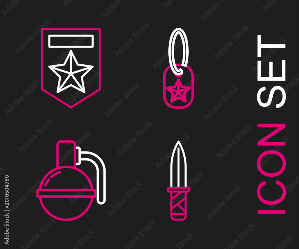 Fototapeta premium Set line Military knife, Hand grenade, dog tag and Chevron icon. Vector