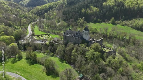 Aerial view of Bürresheim Castle, municipality of Sankt Johann, Rhineland-Palatinate, Mayen, Germany