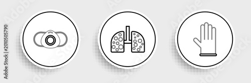 Obraz na płótnie Set line Medical rubber gloves, protective mask and Virus cells in lung icon