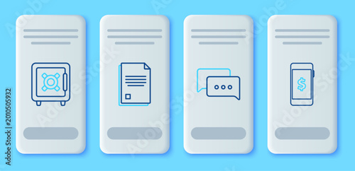 Set line File document, Speech bubble chat, Safe and Smartphone with dollar symbol icon. Vector