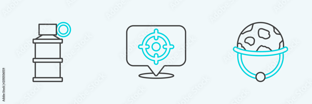 Fototapeta premium Set line Military helmet, Hand smoke grenade and Target sport icon. Vector