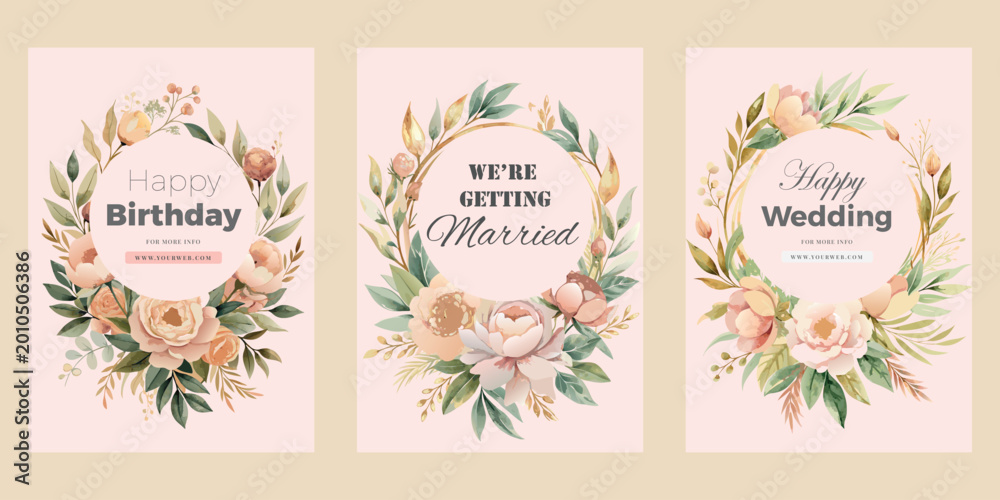 Obraz premium Floral wedding birthday cards set