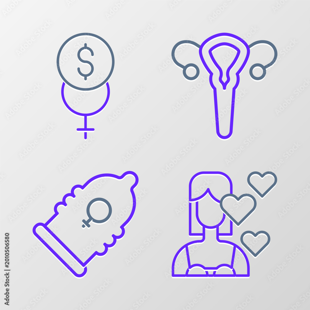 Fototapeta premium Set line Love yourself, Condom, Female reproductive system and Feminism finance icon. Vector