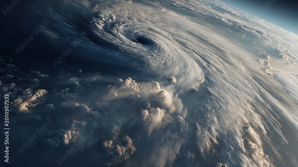 Fototapeta premium A breathtaking aerial landscape captures the sun reflecting off a blue water wave as white clouds drift through the high atmosphere above the horizon where the winter ocean meets the sky