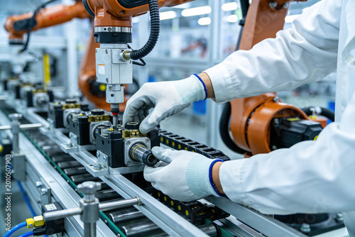Принти на полотні Technician wearing gloves works on an automated assembly line with robotic arms