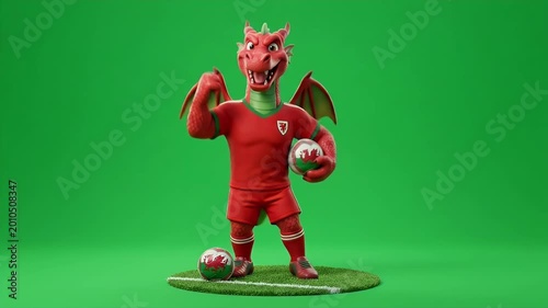 A vibrant cartoon dragon mascot is depicted standing confidently on a green background, wearing a red football uniform symbolizing Wales.