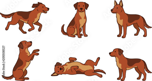 Tableau sur toile Mixed Breed Dog Poses Illustration Set with Sitting, Standing, Running, Playing,