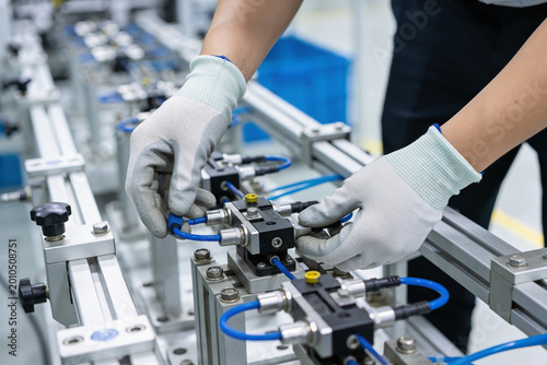 Technician in gloves assembling pneumatic control system on assembly line