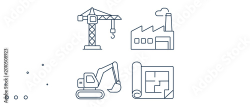 Industrial capital expenditure planning vector icon set featuring construction crane, factory, machinery, and blueprints. Versatile collection of 4 icons with editable stroke for infrastructure.