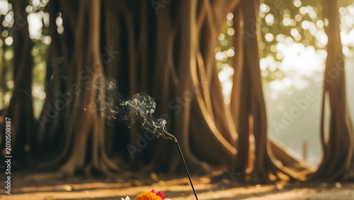 Burning incense stick with smoke rising during a spiritual ritual outdoors