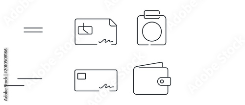 Specialized collection of 4 icons for wage garnishment processing with editable stroke featuring a paper paycheck punch clock bank check and leather wallet in a high quality vector icon set bundle.