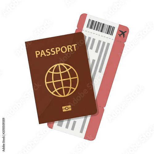 Brown leather passport and boarding pass isolated on transparent background