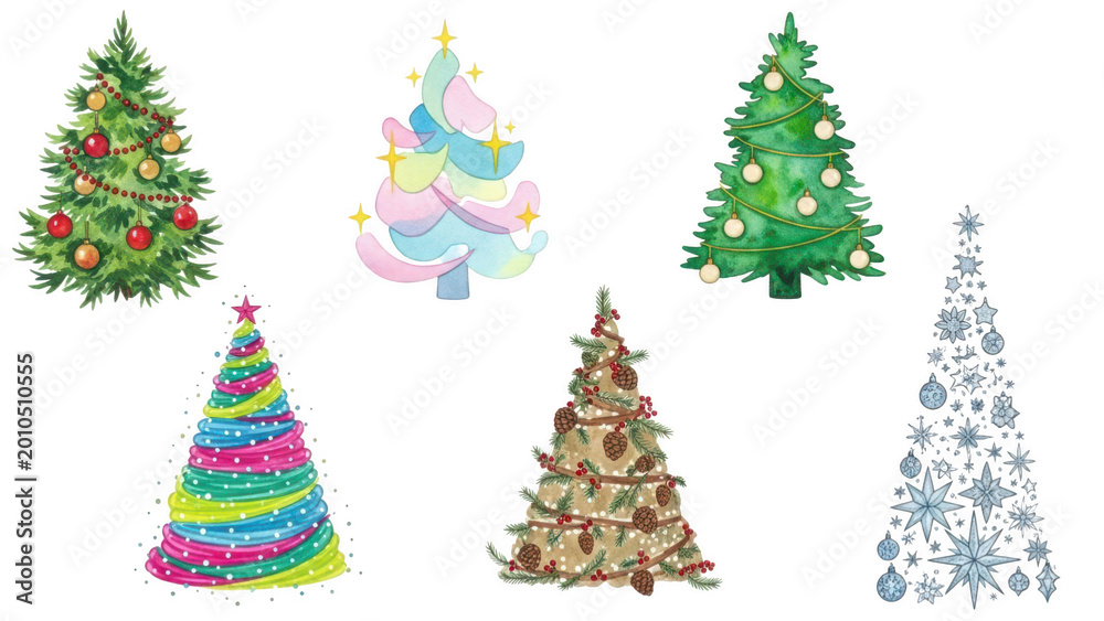 Obraz premium Collection of six diverse stylized christmas trees with decorations