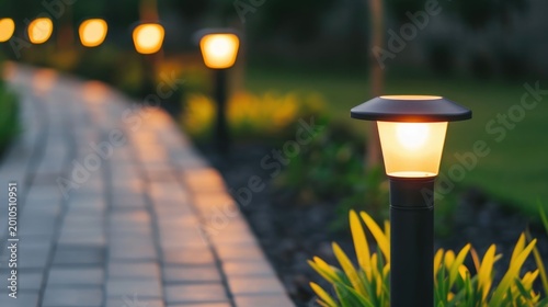 Modern garden lights cast a warm orange glow along a paved pathway as dusk settles creating a tranquil outdoor ambiance