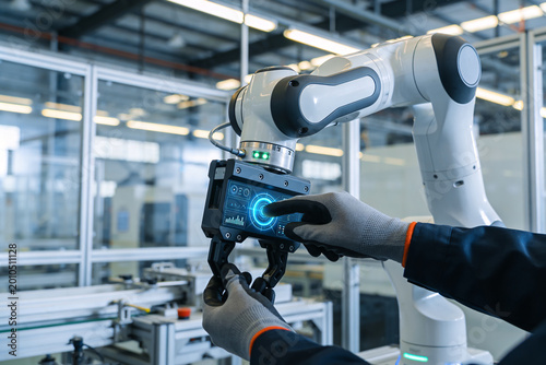 Εκτύπωση καμβά Industrial robot arm controlled by a touch screen interface in a modern factory