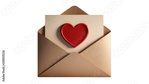 Brown envelope with cream paper and red heart symbol, isolated on transparent background