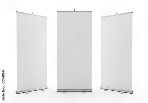 Three blank standing banner displays set against a white background