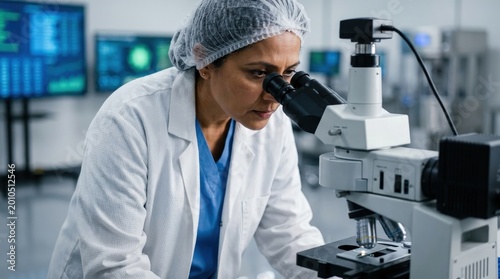 Female scientist look into microscope in laboratory