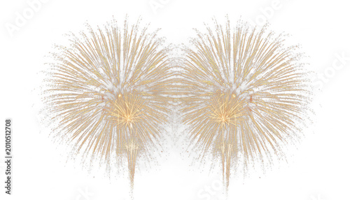 Golden fireworks display on white, festive pyrotechnic explosions for celebration, elegant gold firework bursts for holiday events and luxury design isolated PNG with Transparent Background