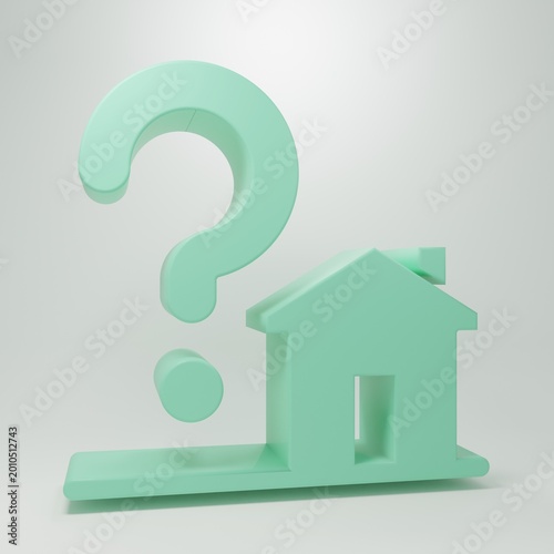 Green House with question mark icon isolated on grey background. Housing problems, questions. Minimalism concept. 3D render illustration