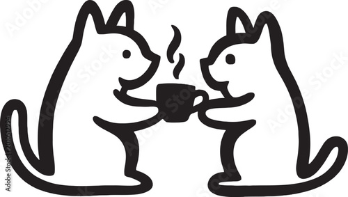 Two cute cartoon cats sharing coffee together in friendly embrace black outline on checkered background.