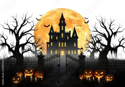 Hauntingly beautiful halloween scene with lit pumpkins and a moonlit castle